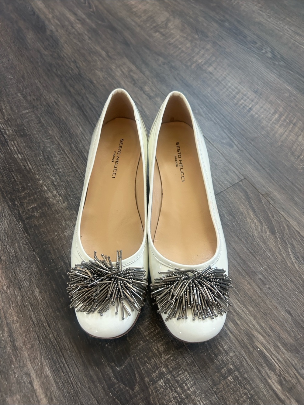 Sesto Meucci Cream Patent Ballet Flats with Metallic Bead Pom